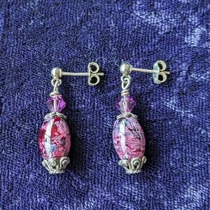 Vintage 925 Sterling Silver Drop Dangle Earrings With Burgundy Red Gemstones